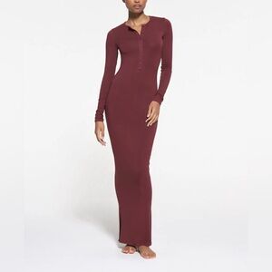SKIMS Sleep Henley Long Dress Oxblood Burgundy Size S